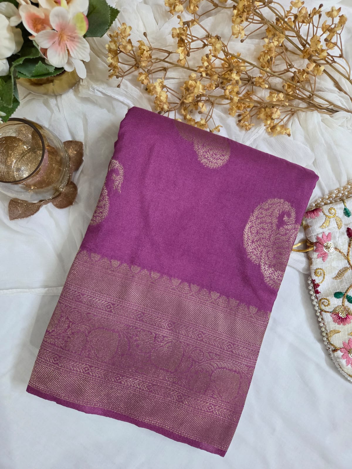 Premium Banarasi Kaddi georget Self | Golden Mango butta motifs