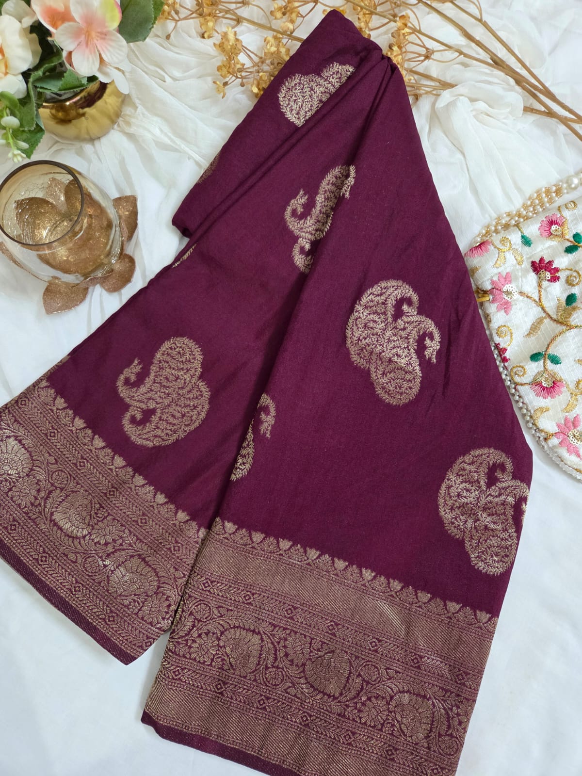 Premium Banarasi Kaddi georget Self | Golden Mango butta motifs