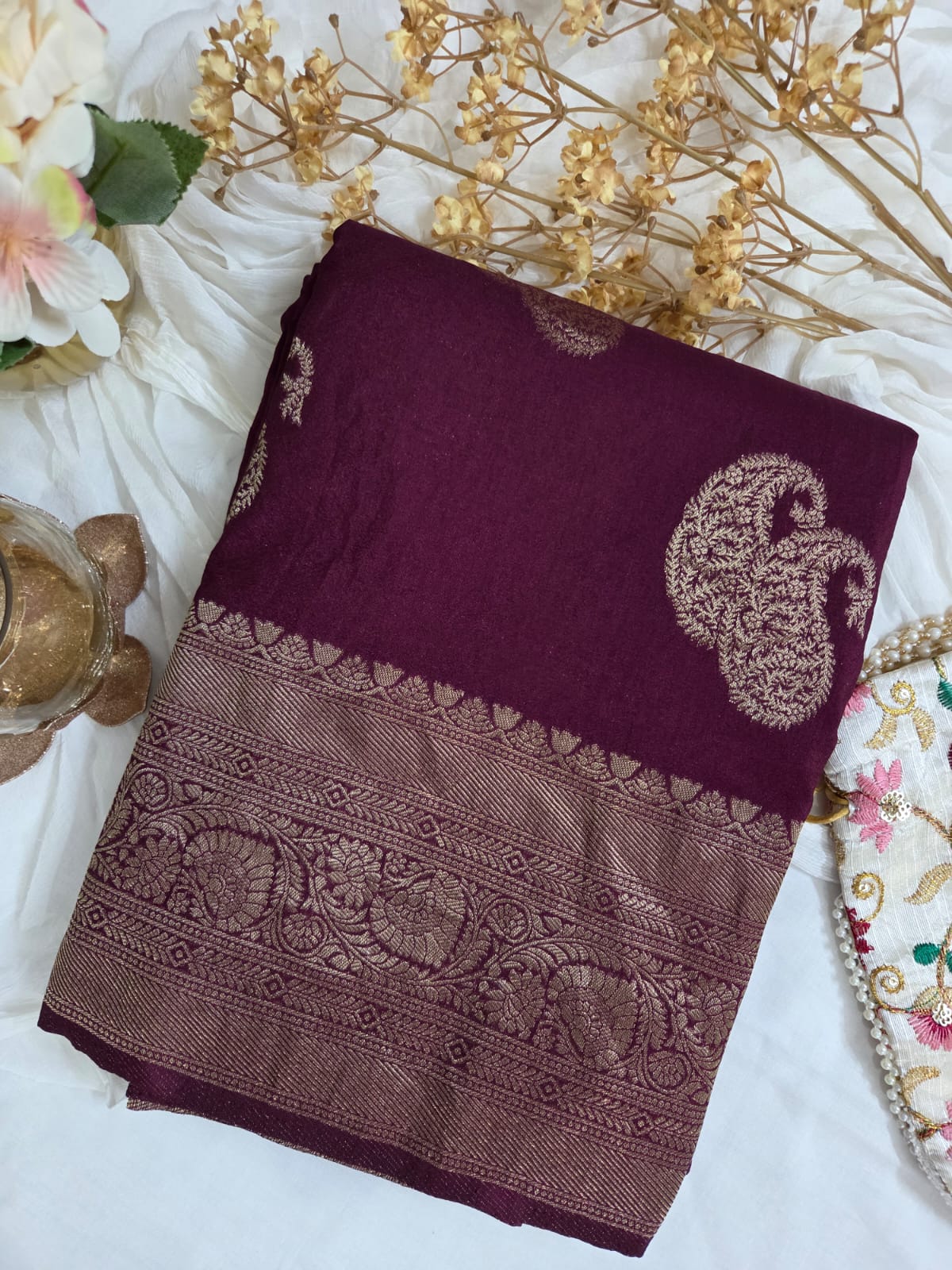 Premium Banarasi Kaddi georget Self | Golden Mango butta motifs